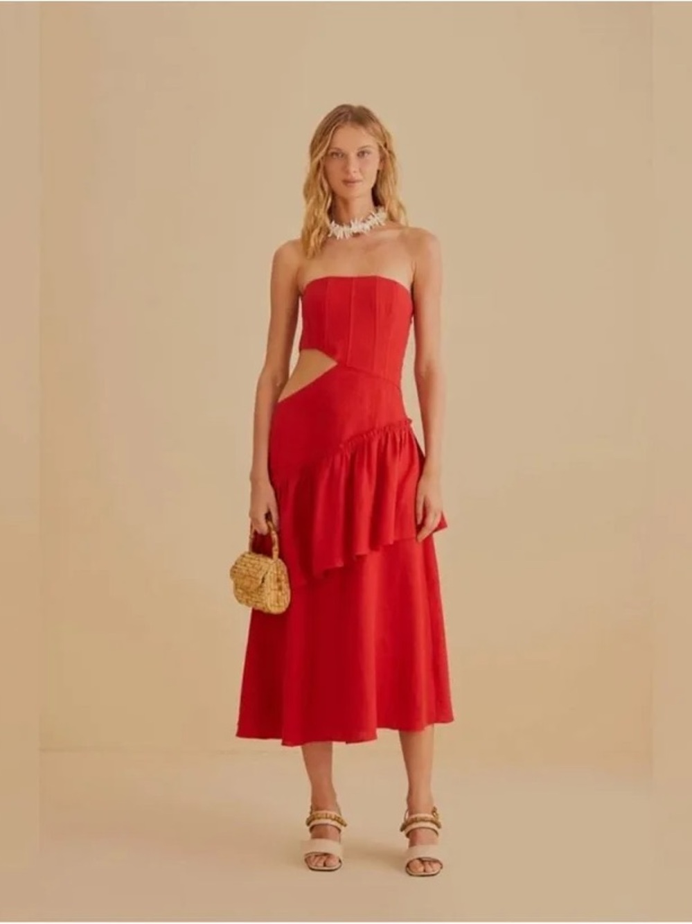 Farm Rio Strapless Red Cutout Midi Dress